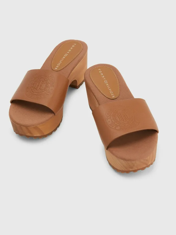Tommy Hilfiger Leather Platform Heel Clog Sandals Summer Cognac Womens Boots Gift Ideas