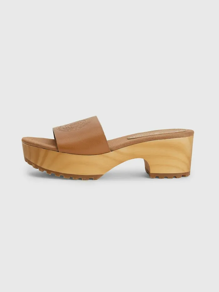 Tommy Hilfiger Leather Platform Heel Clog Sandals Summer Cognac Womens Boots Gift Ideas