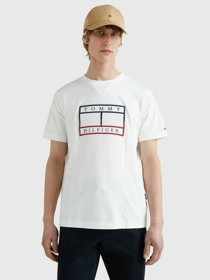 Tommy Hilfiger Linear Flag Embroidery TShirt White Mens TShirts Fashion