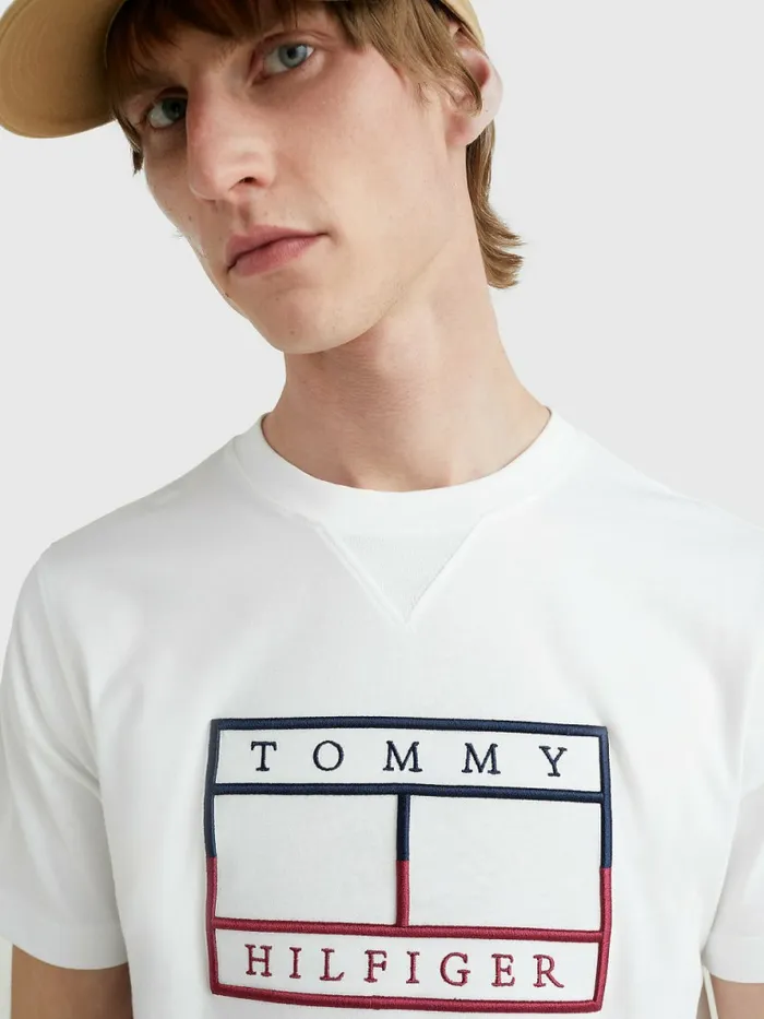 Tommy Hilfiger Linear Flag Embroidery TShirt White Mens TShirts Fashion