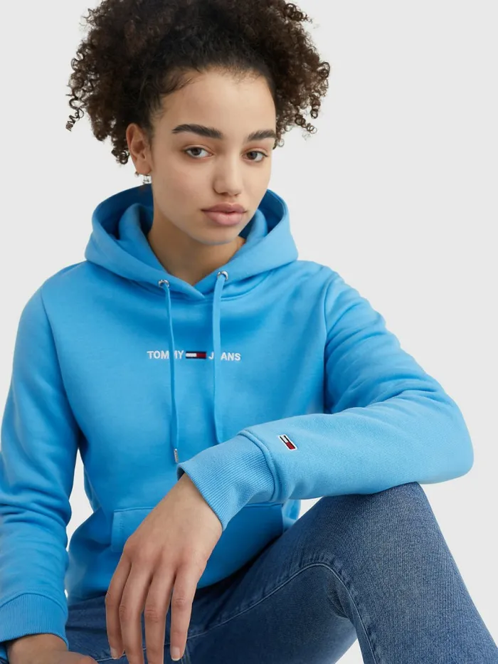 Tommy Hilfiger Linear Logo Hoody Blue Crush Womens Sweatshirts and Hoodies Sale