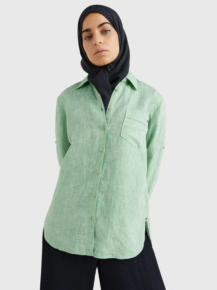 Tommy Hilfiger Linen Longline Relaxed Fit Shirt Botanical Green Womens CoOrds Tommy Hilfiger Linen Longline Relaxed Fit Shirt Botanical Green Womens CoOrds
