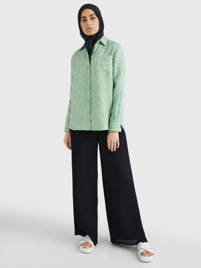 Tommy Hilfiger Linen Longline Relaxed Fit Shirt Botanical Green Womens CoOrds