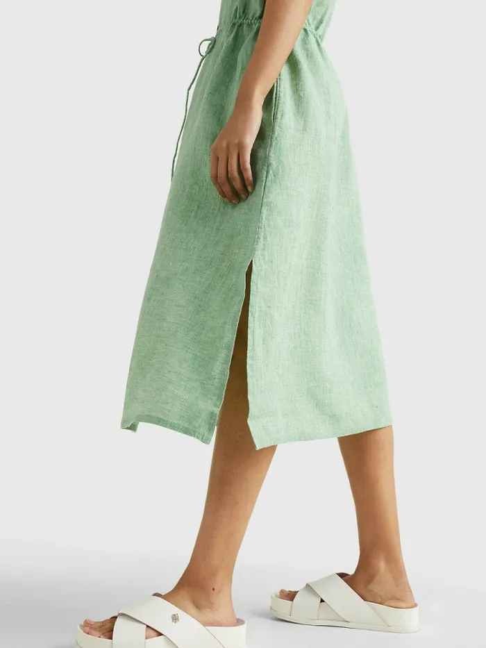 Tommy Hilfiger Linen Relaxed Fit Midi Shirt Dress Botanical Green Womens Dresses and Jumpsuits On Sale