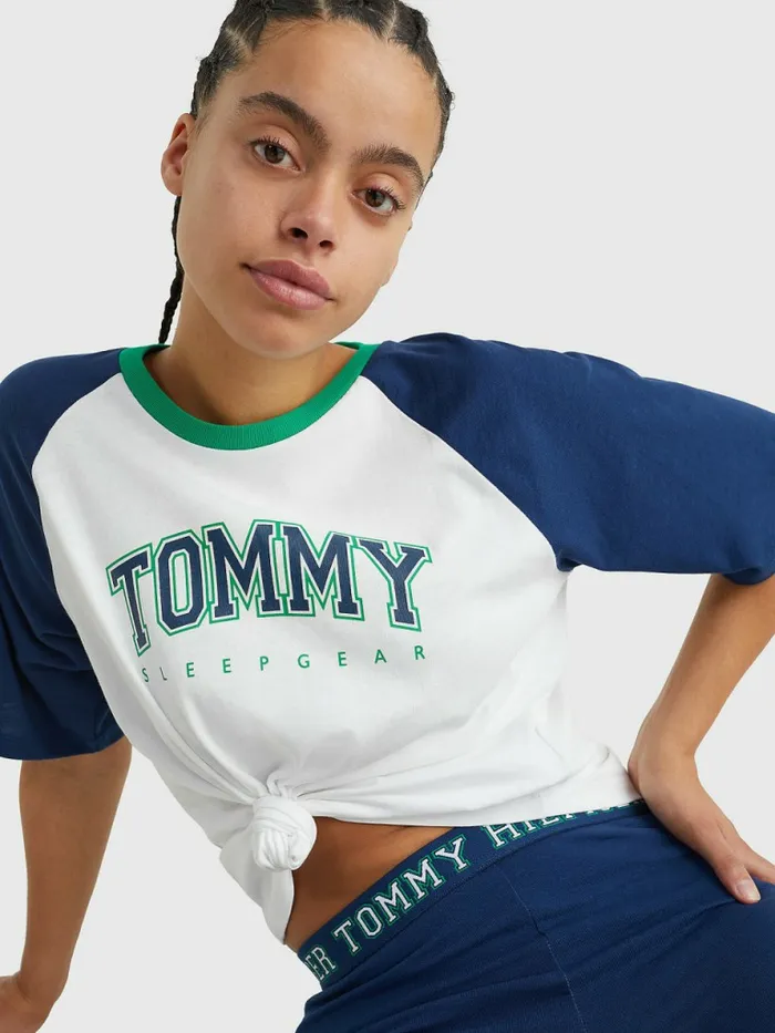 Tommy Hilfiger Logo Contrast Trim ColourBlocked TShirt Twilight Indigo Womens Lounge and Nightwear