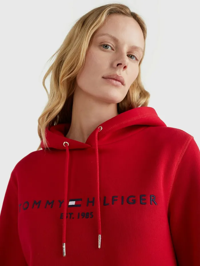 Tommy Hilfiger Logo Drawstring Regular Fit Hoody Blazer Red Womens Sweatshirts and Hoodies Near Me