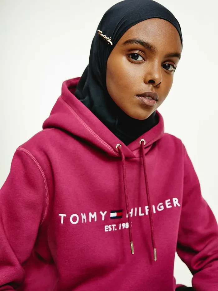 Tommy Hilfiger Logo Drawstring Regular Fit Hoody Crimson Ruby Womens Sweatshirts and Hoodies For Sale