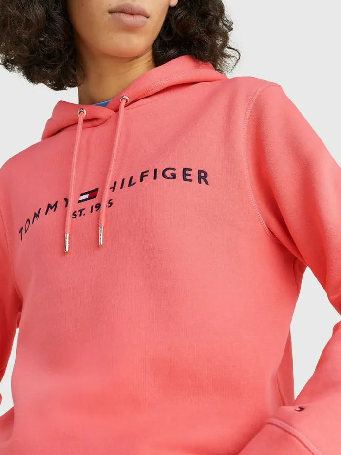 Tommy Hilfiger Logo Drawstring Regular Fit Hoody Crystal Coral Womens Sweatshirts and Hoodies Casaul