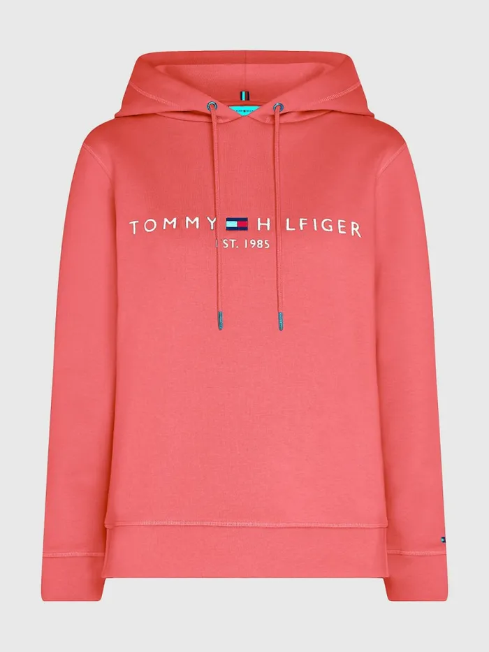 Tommy Hilfiger Logo Drawstring Regular Fit Hoody Crystal Coral Womens Sweatshirts and Hoodies Casaul