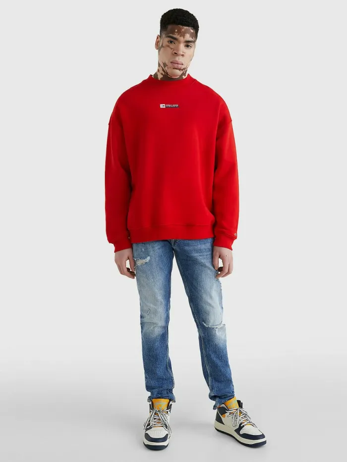 Tommy Hilfiger Logo Dropped Shoulders Sweatshirt Deep Crimson Mens Sweatshirts and Hoodies Sale