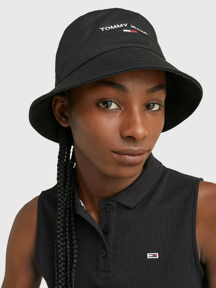 Tommy Hilfiger Logo Embroidery Bucket Hat Black Womens Hats and Scarves Fashion