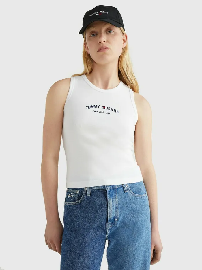 Tommy Hilfiger Logo Embroidery Cropped Tank Top Ecru Womens TShirts Near Me