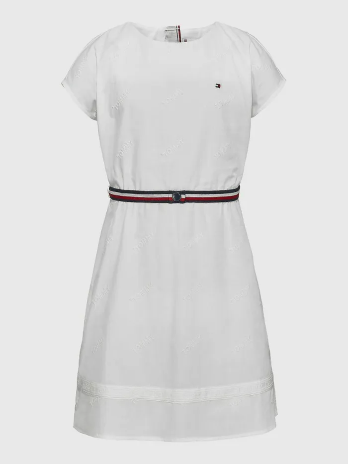 Tommy Hilfiger Logo Embroidery Fit and Flare Dress White Girls Dresses Gift for Friend Tommy Hilfiger Logo Embroidery Fit and Flare Dress White Girls Dresses Gift for Friend