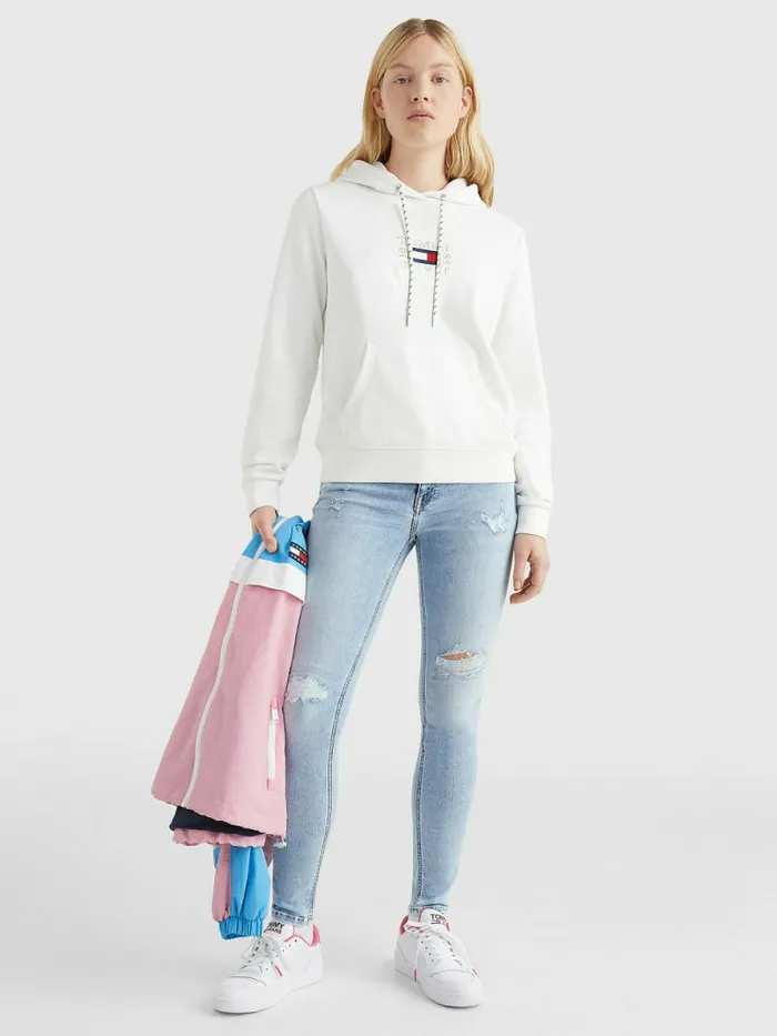 Tommy Hilfiger Logo Embroidery Hoody Ecru Womens Sweatshirts and Hoodies Sale