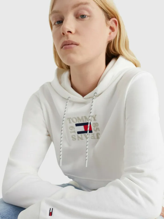 Tommy Hilfiger Logo Embroidery Hoody Ecru Womens Sweatshirts and Hoodies Sale