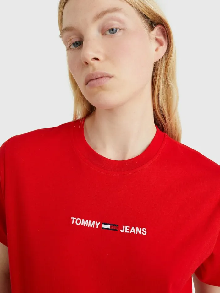 Tommy Hilfiger Logo Embroidery Organic Cotton TShirt Deep Crimson Womens TShirts Online