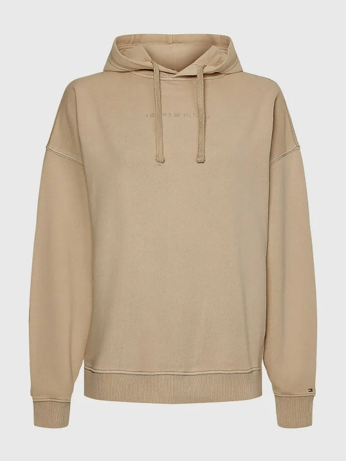 Tommy Hilfiger Logo Embroidery Relaxed Fit Hoody Beige Womens Sweatshirts and Hoodies Fashion