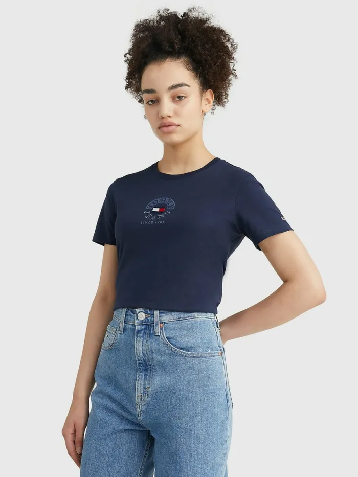 Tommy Hilfiger Logo Embroidery Slim Fit TShirt Twilight Navy Womens TShirts Popular Tommy Hilfiger Logo Embroidery Slim Fit TShirt Twilight Navy Womens TShirts Popular