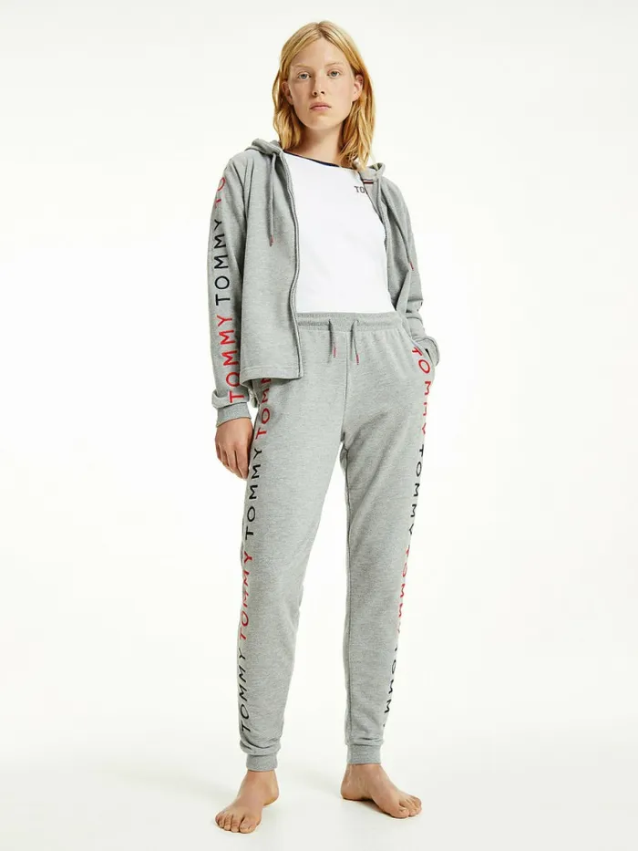 Tommy Hilfiger Logo Embroidery Tapered Joggers Medium Grey Heather Womens Trousers Tommy Hilfiger Logo Embroidery Tapered Joggers Medium Grey Heather Womens Trousers