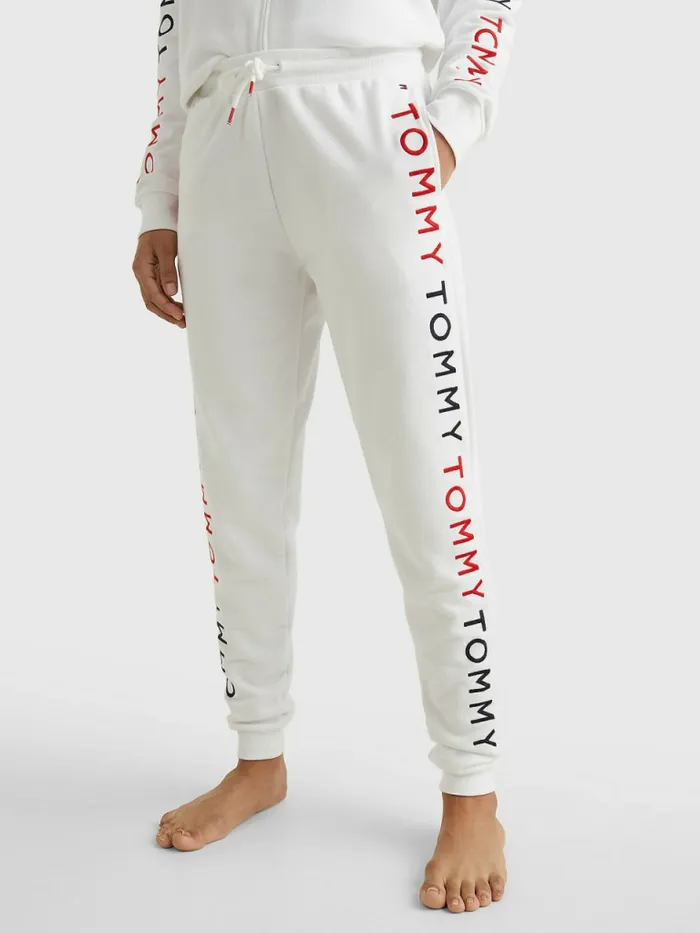 Tommy Hilfiger Logo Embroidery Tapered Joggers White Womens Trousers