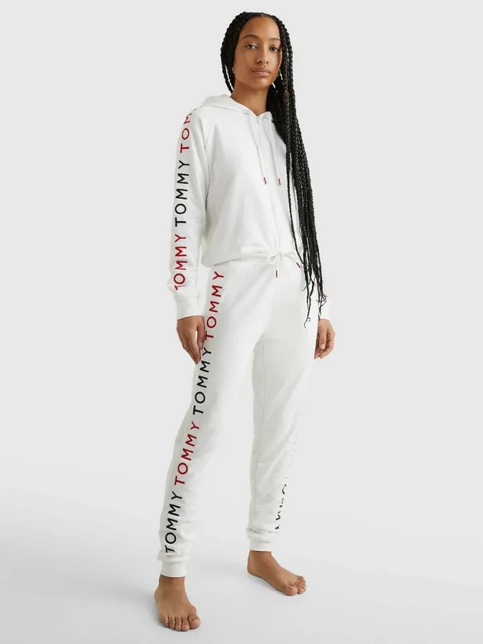 Tommy Hilfiger Logo Embroidery Tapered Joggers White Womens Trousers