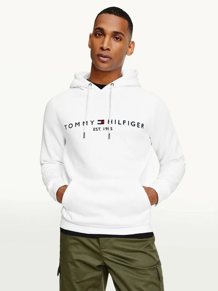 Tommy Hilfiger Logo Fleece Hoody White Mens Sweatshirts and Hoodies Casaul