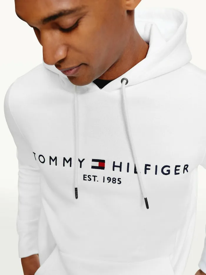 Tommy Hilfiger Logo Fleece Hoody White Mens Sweatshirts and Hoodies Casaul