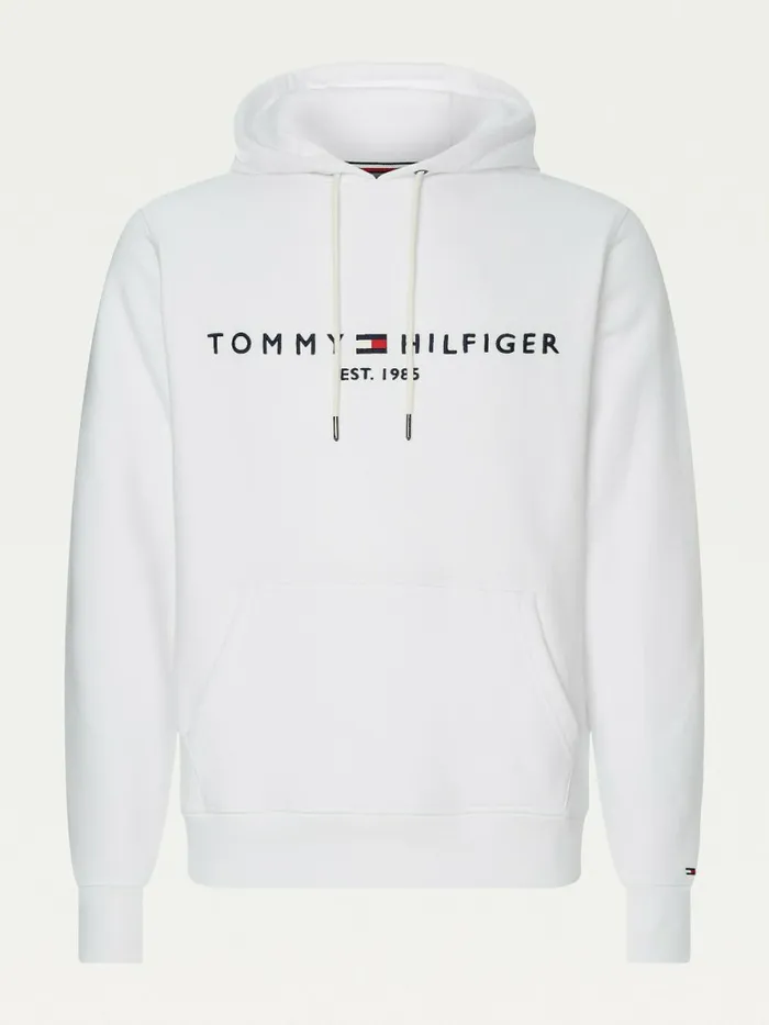Tommy Hilfiger Logo Fleece Hoody White Mens Sweatshirts and Hoodies Casaul