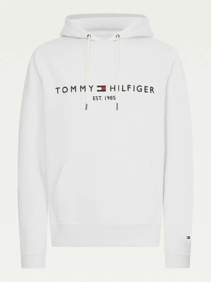 Tommy Hilfiger Logo Fleece Hoody White Mens Sweatshirts and Hoodies Casaul