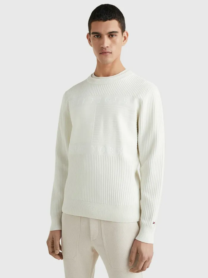 Tommy Hilfiger Logo Knit Jumper Ivory Mens Knitwear Near Me
