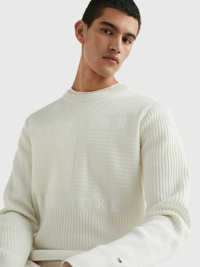 Tommy Hilfiger Logo Knit Jumper Ivory Mens Knitwear Near Me
