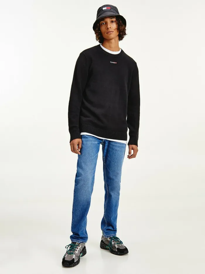 Tommy Hilfiger Logo Knitted Relaxed Fit Jumper Black Mens Knitwear Fashion