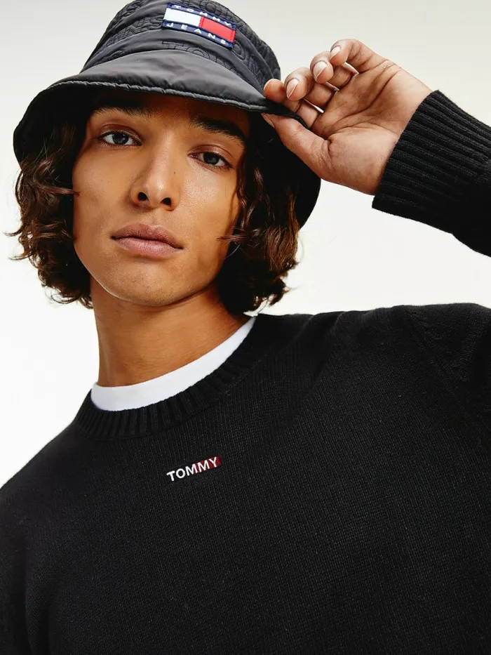 Tommy Hilfiger Logo Knitted Relaxed Fit Jumper Black Mens Knitwear Fashion