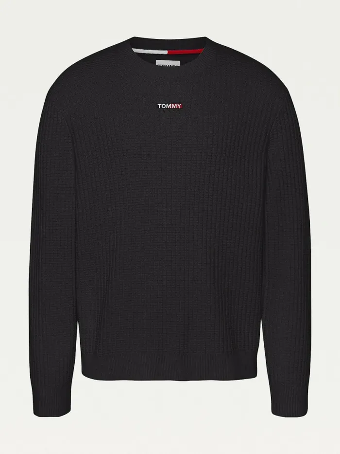 Tommy Hilfiger Logo Knitted Relaxed Fit Jumper Black Mens Knitwear Fashion