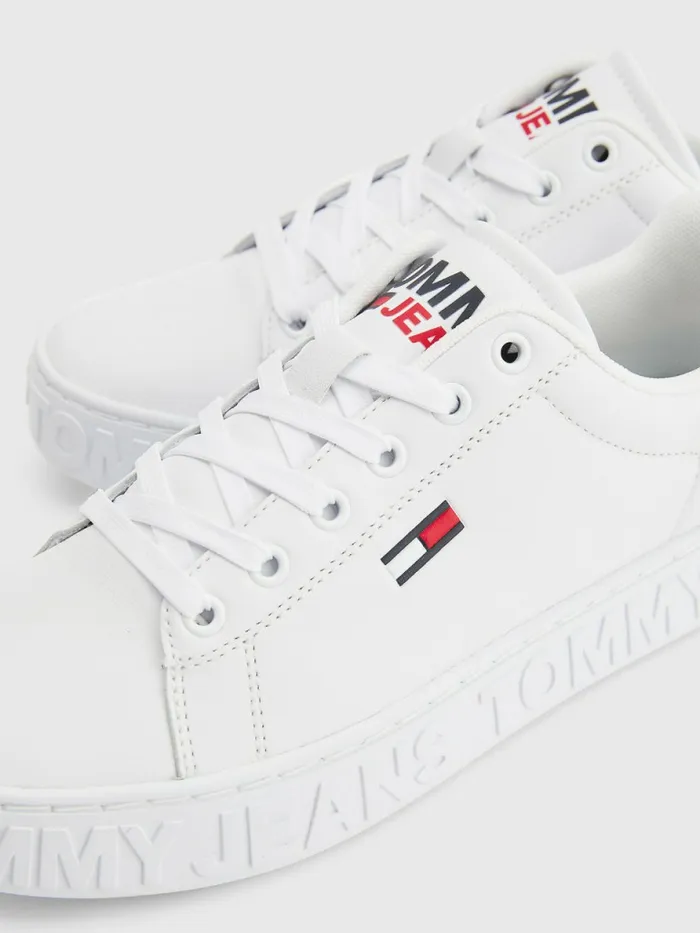 Tommy Hilfiger Logo Leather Cupsole Trainers White Womens Flat Shoes On Sale