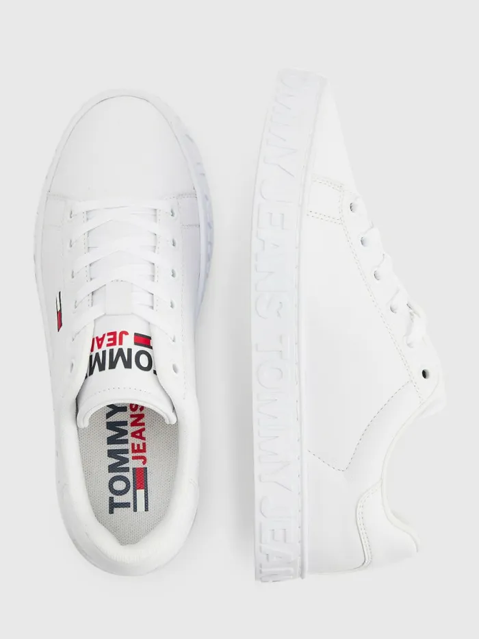 Tommy Hilfiger Logo Leather Cupsole Trainers White Womens Flat Shoes On Sale