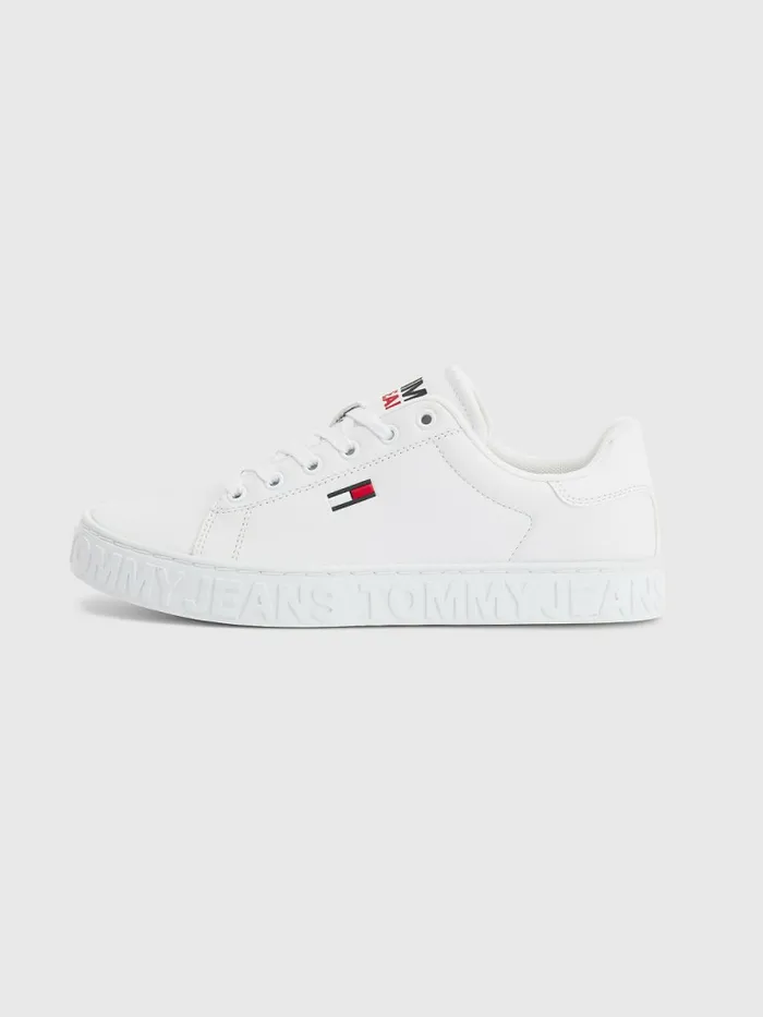 Tommy Hilfiger Logo Leather Cupsole Trainers White Womens Flat Shoes On Sale