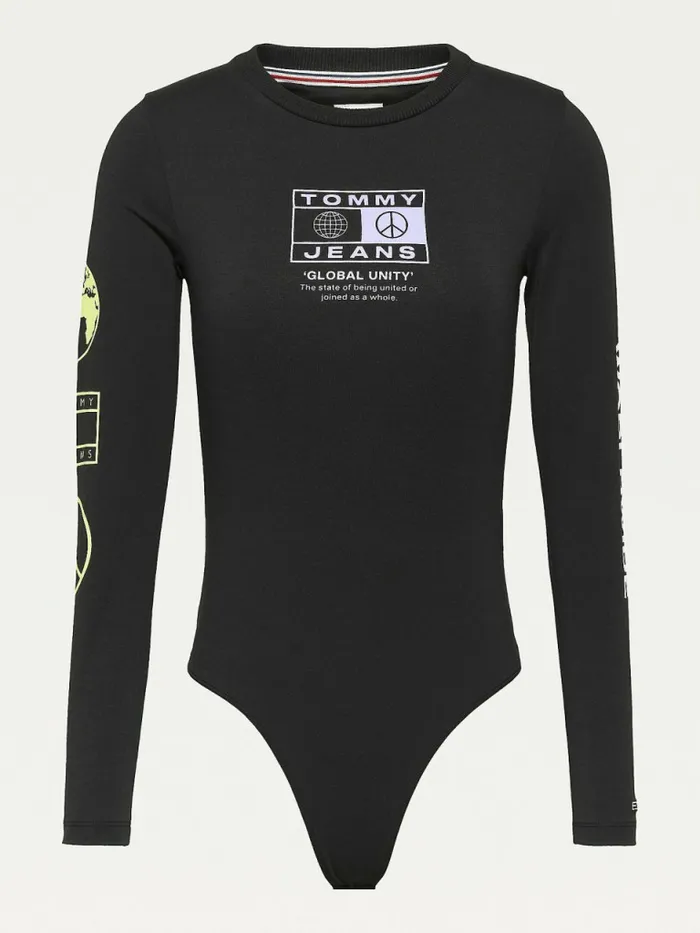 Tommy Hilfiger Logo Long Sleeve Bodysuit Black Womens TShirts For Sale