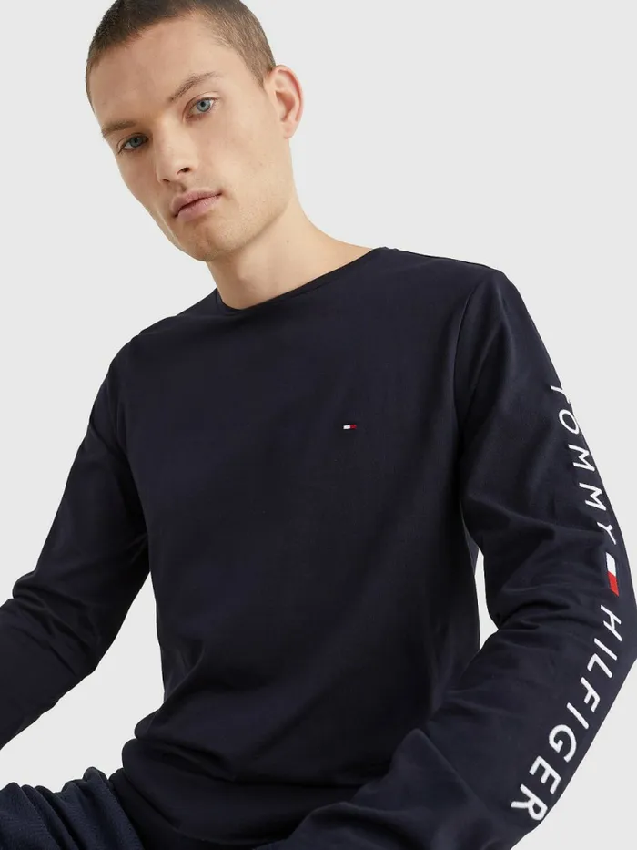 Tommy Hilfiger Logo Long Sleeve TShirt Desert Sky Mens TShirts Gift for Friend