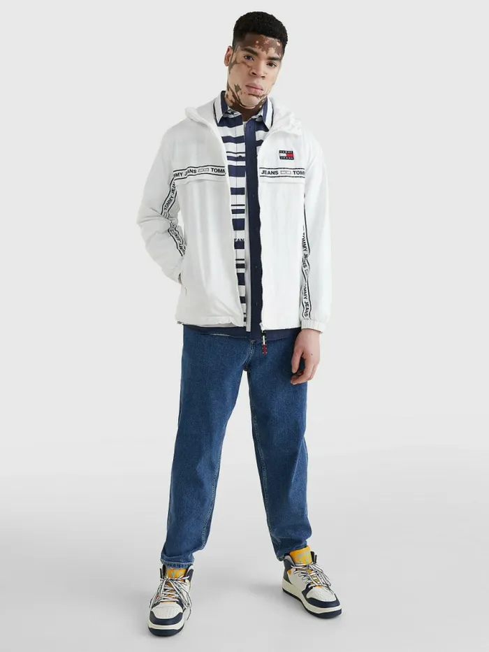 Tommy Hilfiger Logo Tape Chicago Windbreaker White Mens Coats and Jackets Popular