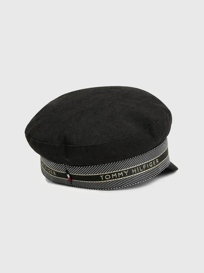 Tommy Hilfiger Logo Tape Corduroy Baker Boy Cap Black Womens Hats and Scarves Gift Ideas
