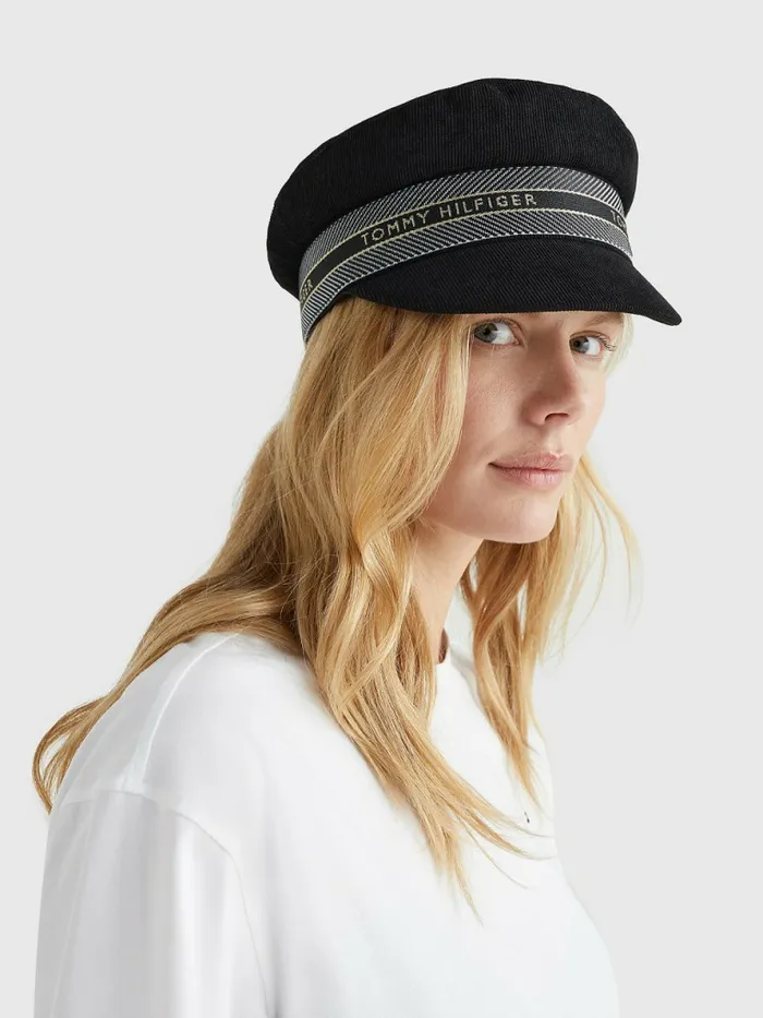 Tommy Hilfiger Logo Tape Corduroy Baker Boy Cap Black Womens Hats and Scarves Gift Ideas