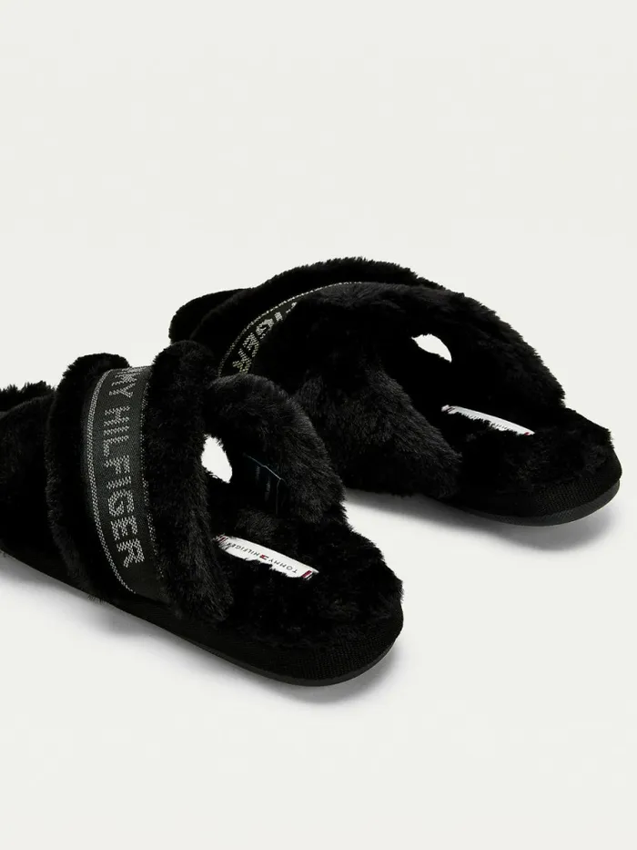 Tommy Hilfiger Logo Tape Faux Fur Slippers Black Womens Flat Shoes Cheap On Sale