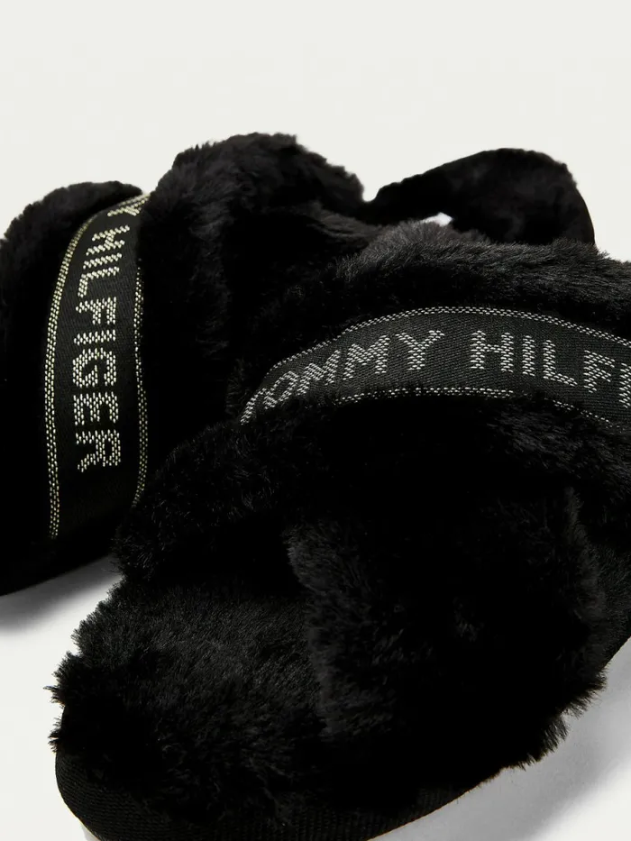 Tommy Hilfiger Logo Tape Faux Fur Slippers Black Womens Flat Shoes Cheap On Sale