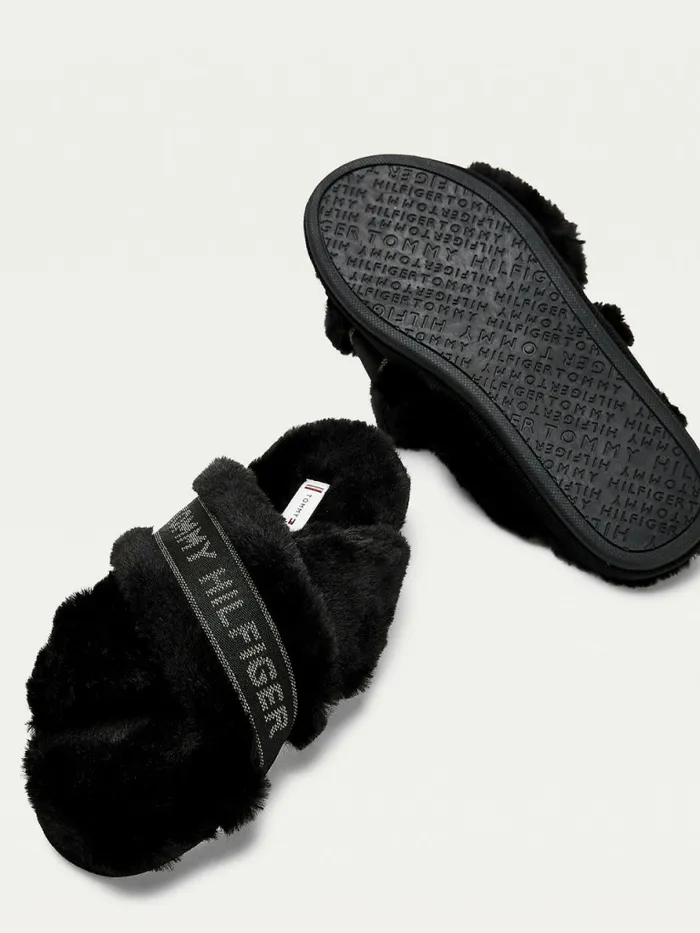 Tommy Hilfiger Logo Tape Faux Fur Slippers Black Womens Flat Shoes Cheap On Sale
