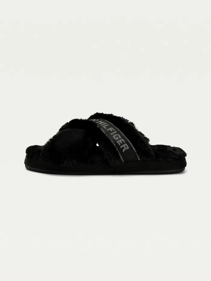 Tommy Hilfiger Logo Tape Faux Fur Slippers Black Womens Flat Shoes Cheap On Sale