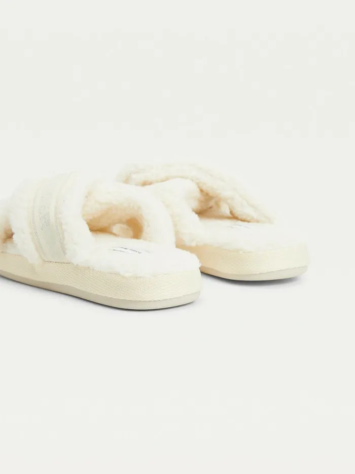 Tommy Hilfiger Logo Tape Fleece Home Slippers Shaved Lemon Ice Womens Flat Shoes On Sale