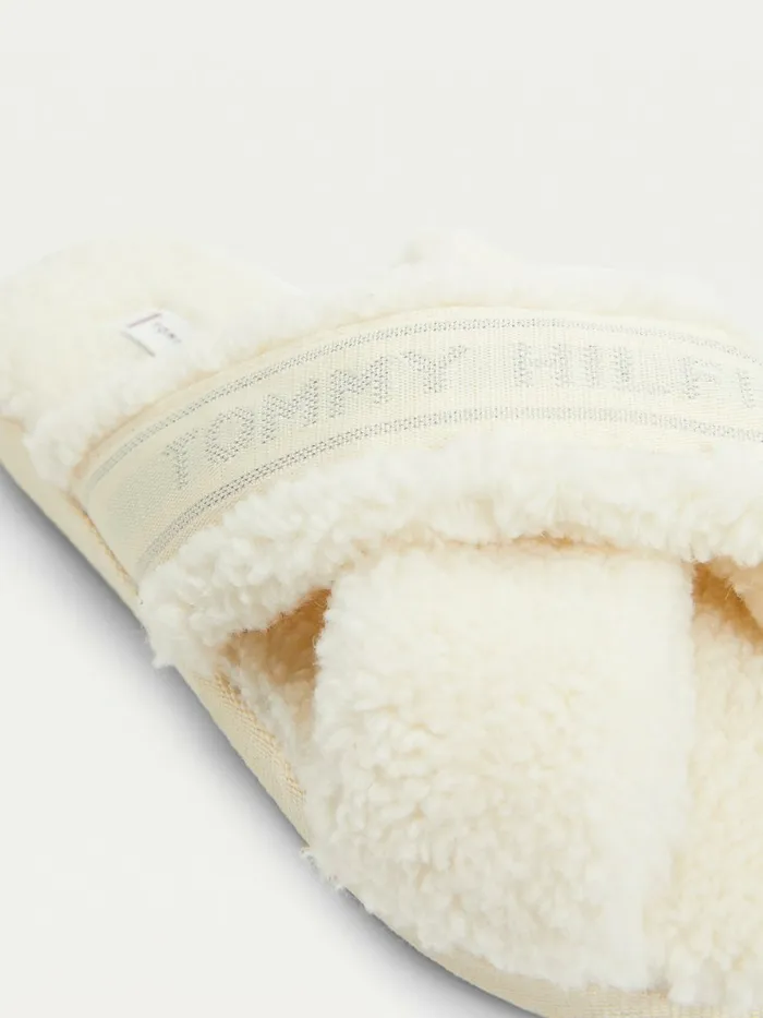 Tommy Hilfiger Logo Tape Fleece Home Slippers Shaved Lemon Ice Womens Flat Shoes On Sale