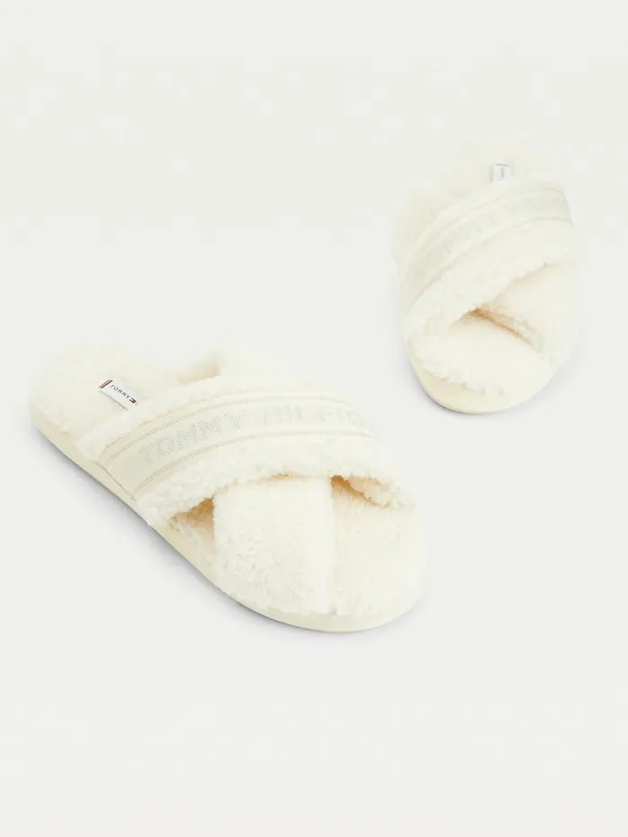 Tommy Hilfiger Logo Tape Fleece Home Slippers Shaved Lemon Ice Womens Flat Shoes On Sale