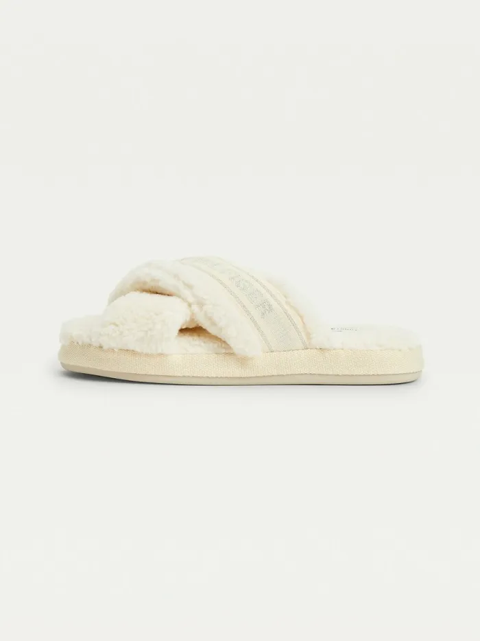 Tommy Hilfiger Logo Tape Fleece Home Slippers Shaved Lemon Ice Womens Flat Shoes On Sale